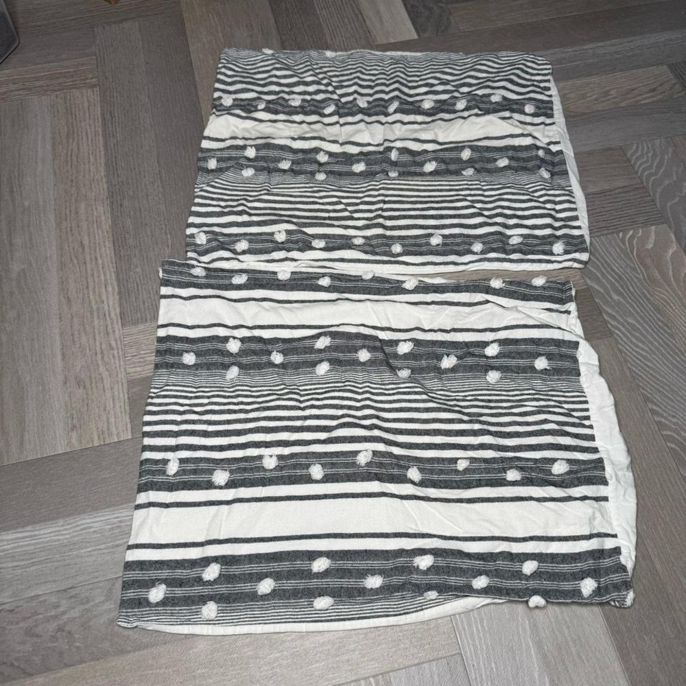 Set of 2 Striped Tufted Pom Pom Pillow Shams Charcoal White Boho Farmhouse